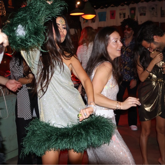 Taller marmo inspired Custom made sequin and ostrich feather mini dress- Green - Picture 3 of 5